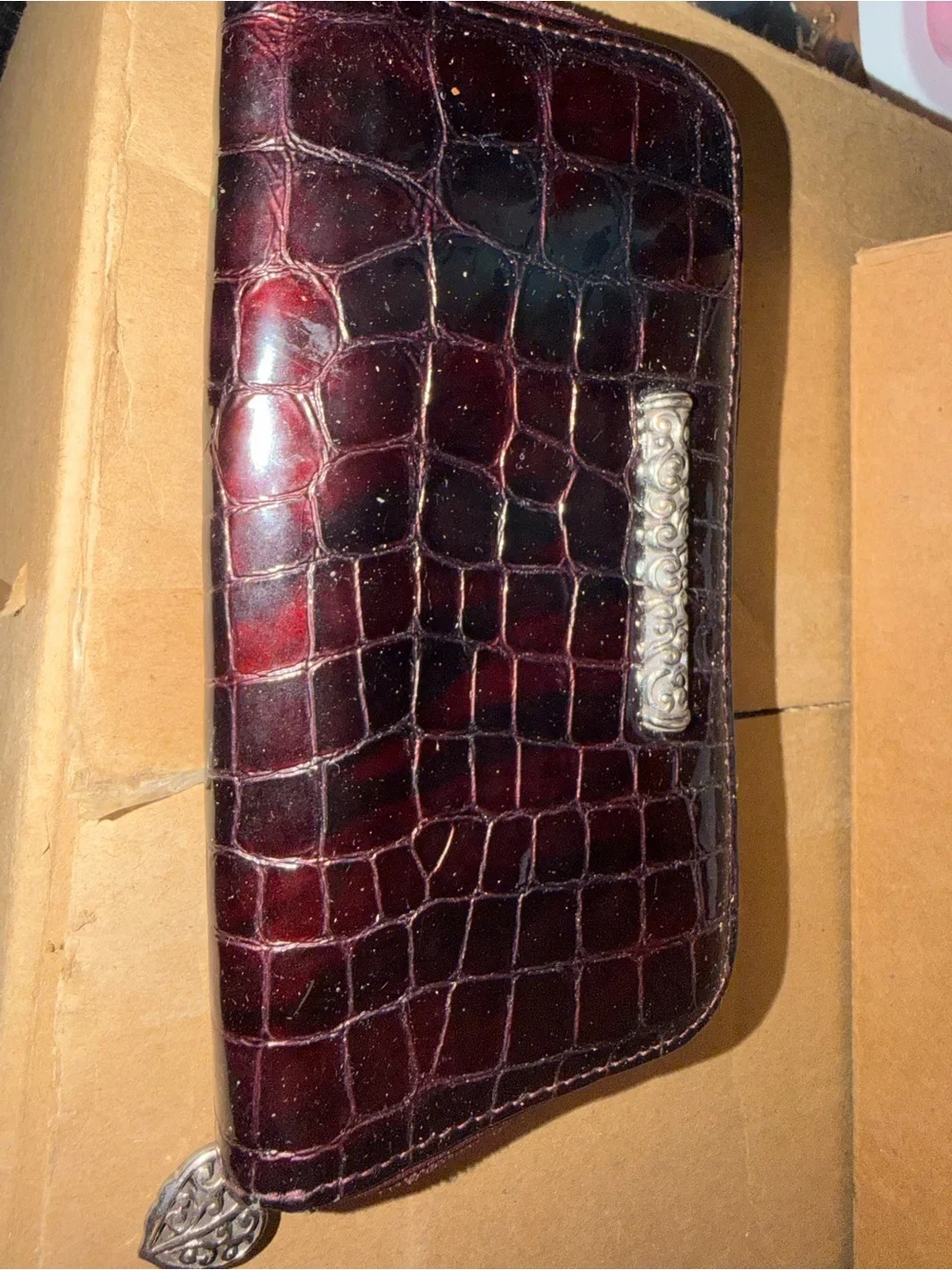 Brighton Burgundy Croc Embossed Leather Organizer Wallet Silver Heart Y2K